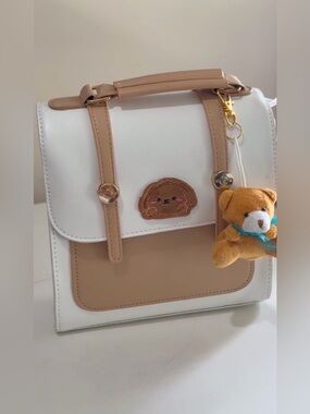Beige & Dark Brown Structured Leather Backpack Handbag - Women